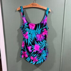 Vintage Tropical Paradise One Piece Swimsuit Floral Print Size L